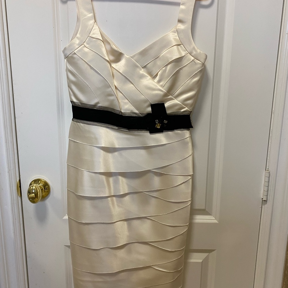Off white Women Cocktails Party Dress with Black Belt Accents